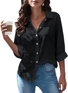 Casual Long Sleeve Button Down V Neck Blouse