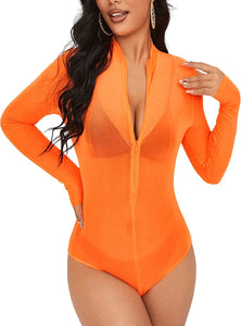 Mesh Orange Long Sleeve Stretch Bodysuit