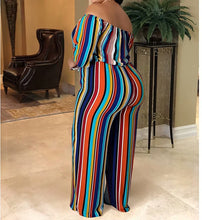 Load image into Gallery viewer, Plus Size Stripe Blue Pleated Off Shoulder Jumpsuit