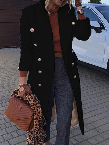 Elegant Notched Collar Black Wool Blend Pea Coat Jacket