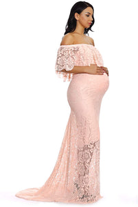 Maternity Ruffles Lace Pink Off Shoulder Long Maxi Dress