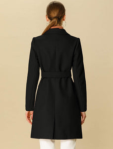 Outerwear Black Notch Lapel Double Breasted Belted Long Winter Coat