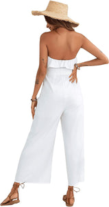 Strapless Ruffle Trim White High Waist Belted Romper Jumpsuit