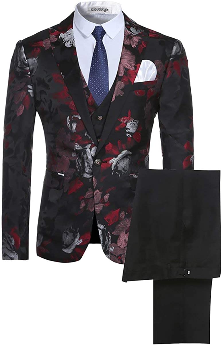 Men's Red Floral Long Sleeve One Button Formal 3pc Suit