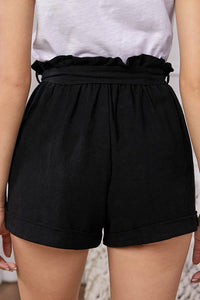 Summer Black Linen Elastic Waist Casual Shorts