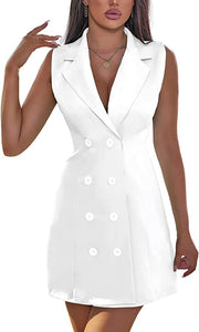 Elegant White Sleeveless Lapel Blazer Dress