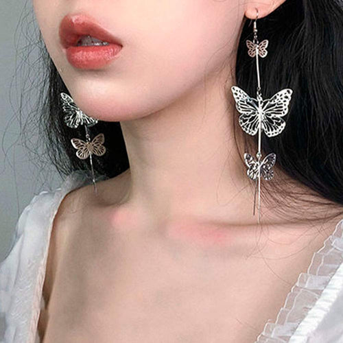 Vintage Silver Butterfly Long Bohemian Chain Dangle Earrings