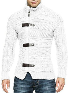 Men's Black/Grey High Collar Buckle Long Sleeve Color Block Sweater