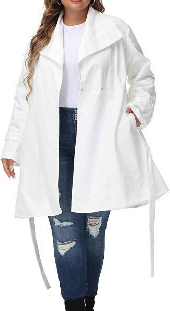 Lapel Trench White Plus Size Coat Belted Lightweight Long Jacket