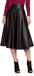 Metallic Chic Black A Line Faux Leather Midi Skirt