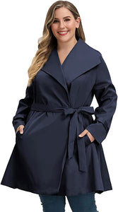 Lapel Trench Navy Plus Size Coat Belted Lightweight Long Jacket