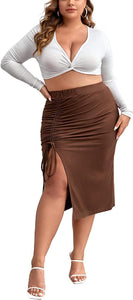 Plus Size Hunter Green Ruched elastic Midi Skirt