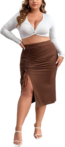 Plus Size Brown Ruched Elastic Midi Skirt