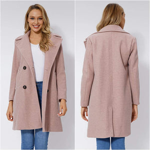Faux Woolen Pink Fleece Long Women's Trench Coat
