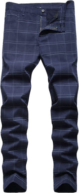 Stylish Men's Blue Plaid Flat Front Skinny Stretch Dress Pants