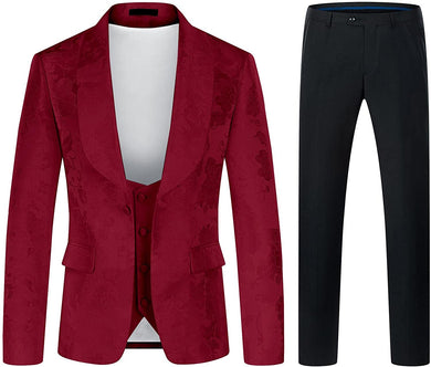 Shawl Collar Red 3 Piece Jacquard Tuxedo Men's Suit