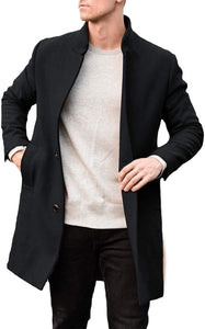 Men's Casual Black Long Trench Slim Fit Stand Collar Pea Coat Winter