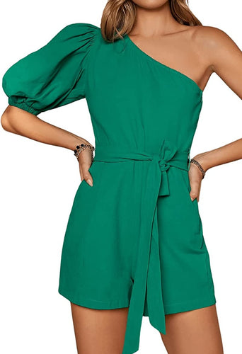 One Shoulder Green Puff Sleeve High Waisted Romper