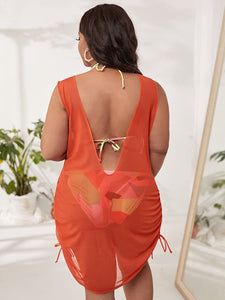 Drawstring Orange Sheer Mesh Plus Size Swimwear Cover Up