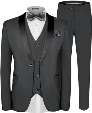 One Button Dark Grey Solid Shawl Lapel 3 Piece Suit