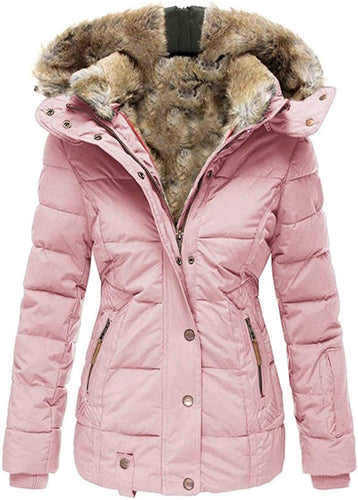 Women's Pink Faux Fur Hooded Puffer Parka Overcoat