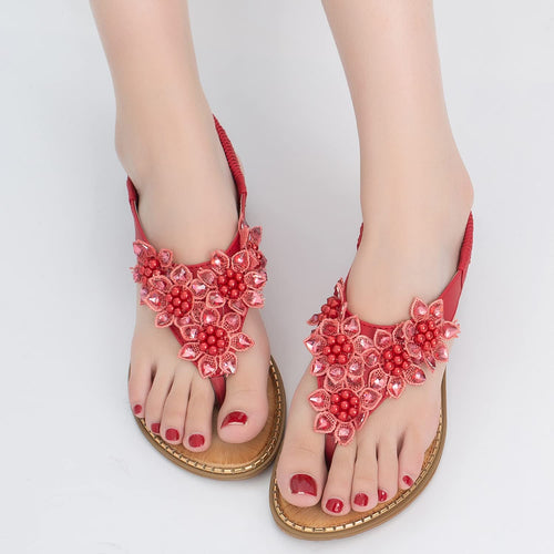 T-Strap Floral Red Rhinestone Flip Flops Sandals