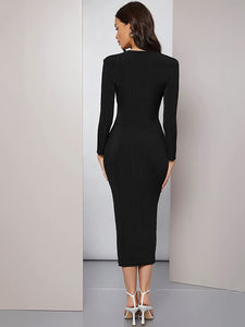 Ruched Waist Black Long Sleeve Pencil Bodycon Dress