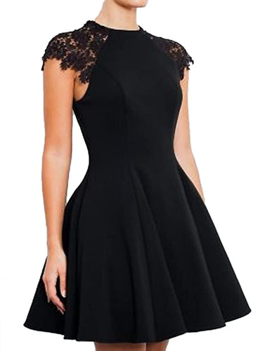 Black Cap Sleeve Lace Skater Dress