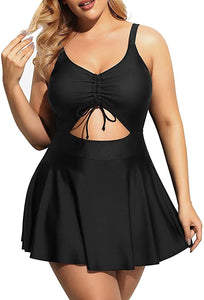 Curvy Black One Piece Cut Out Flared Skirt Swimsuit
