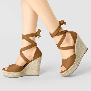 Women's Brown Lace Up Espadrilles Wedge Sandals