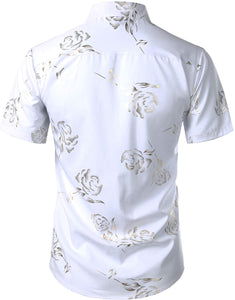 Slim Fit Hipster Rose Printed Button Down Short Sleeve Shirt