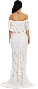 Maternity Ruffles Lace White Off Shoulder Long Maxi Dress