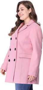 Plus Size Notched Lapel Pink Double Breasted Long Coat