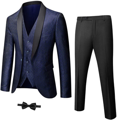 Shawl Collar Deep Blue Floret One Button Tuxedo 3 Pieces Men's Suit