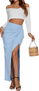High Waist Light Blue Ruched Maxi Skirt w/Slit