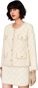 Elegant Beige Vintage Style Suit Jacket Coat and Skirt Set