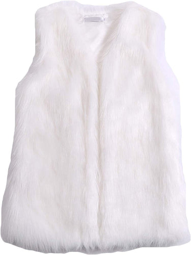 Puffy White Faux Fur Sleeveless Vest Coat