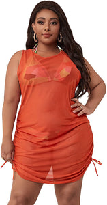 Drawstring Orange Sheer Mesh Plus Size Swimwear Cover Up