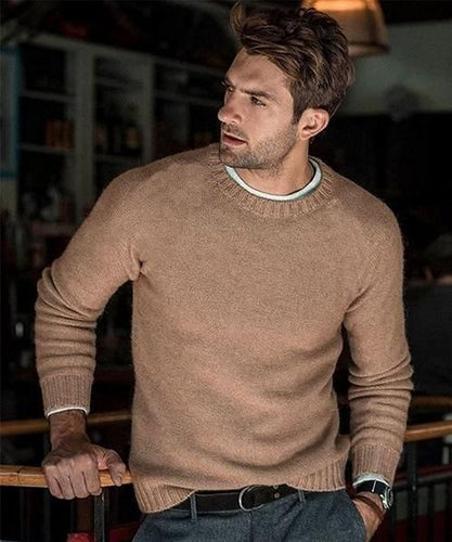 Men's Crew Neck Camel Casual Knitted Pullover Sweater