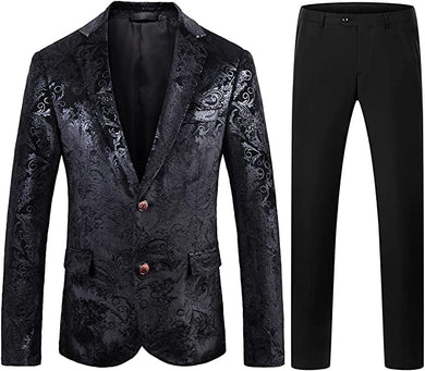Men's Black Paisley Long Sleeve Blazer & Pants Slim Fit 2pc Suit