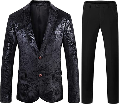 Men's Black Paisley Long Sleeve Blazer & Pants Slim Fit 2pc Suit