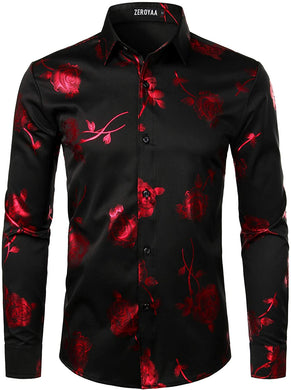 Men's Shiny 3D Rose Black-Red Button Down Dress Shirt