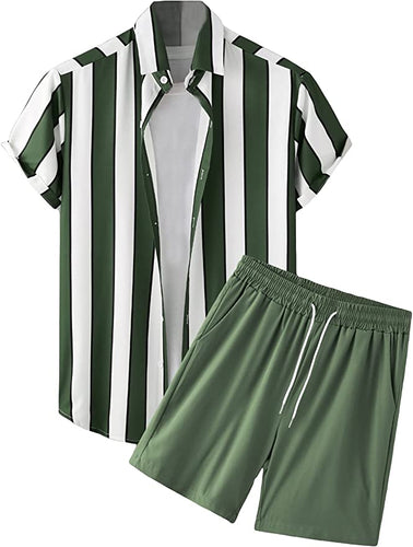 Men's Striped Green Drawstring Casual Short Sleeve Shorts Set