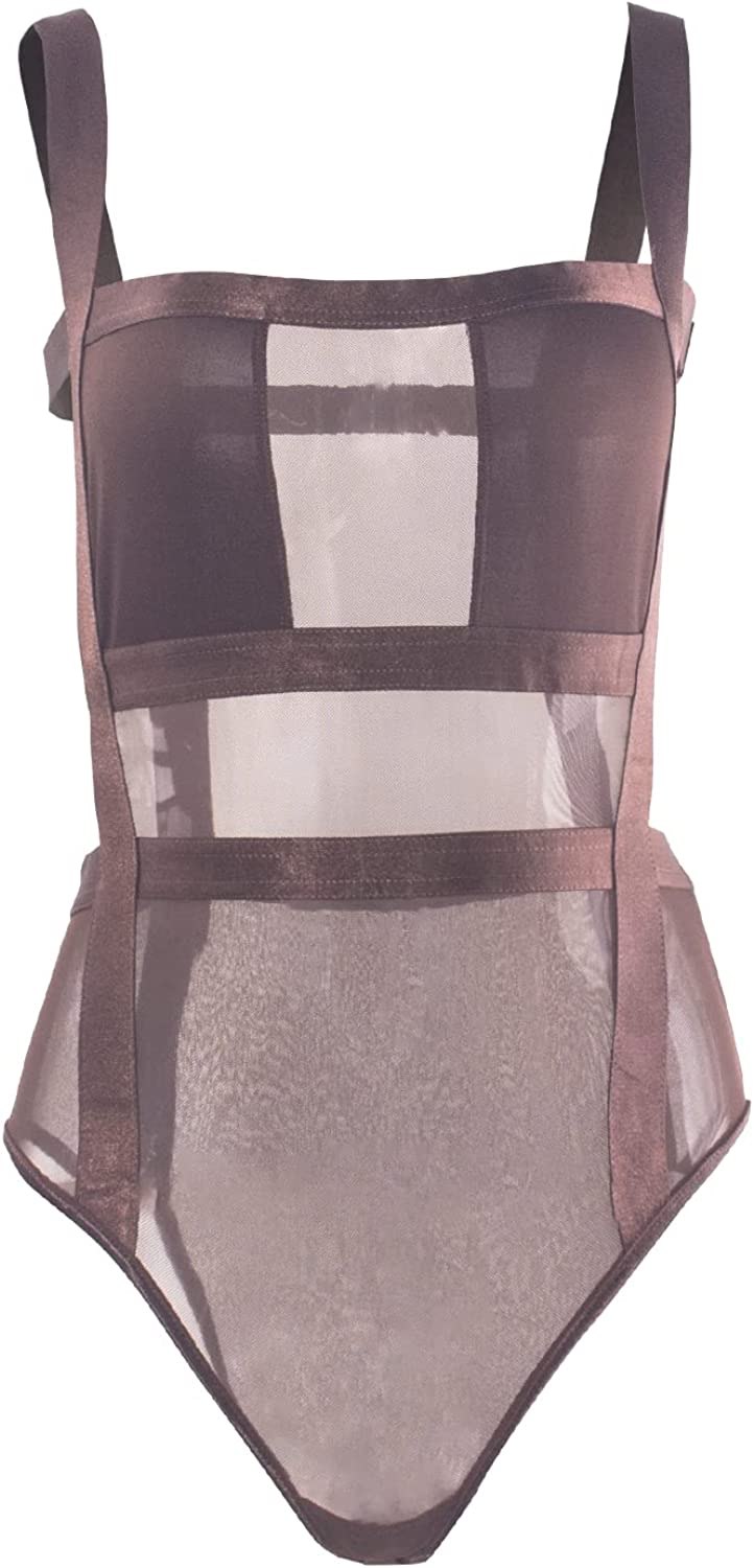 Elegant Brown Sheer Mesh Sleeveless Leotard Bodysuit