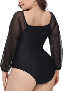 Mesh Sleeves V-Neck O-Ring One Piece Plus Size Swimsuit