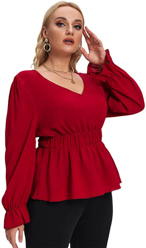 Plus Size Ruffle Hem Burgundy Flounce Long Sleeve Blouse