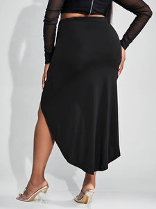Plus Size Black Knit Asymmetrical Midi Skirt