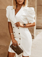 Load image into Gallery viewer, White Puff Sleeve Gold Button Blazer Dress