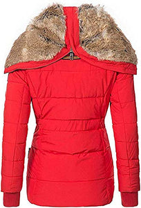 Women's Red Faux Fur Hooded Puffer Parka Overcoat