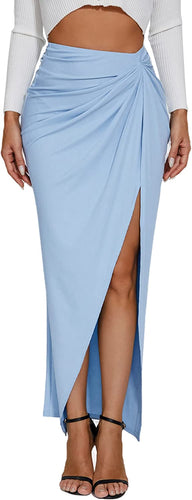 High Waist Light Blue Ruched Maxi Skirt w/Slit